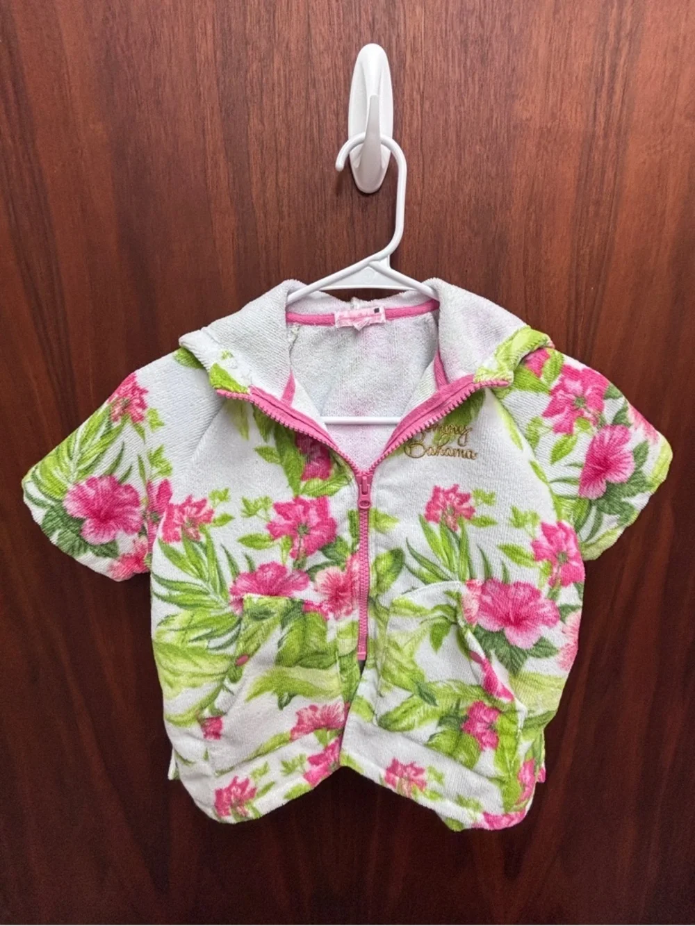 Tommy Bahama Golden Logo Hooded Towel Jacket w Pink Flowers & Lime Accents, EUC